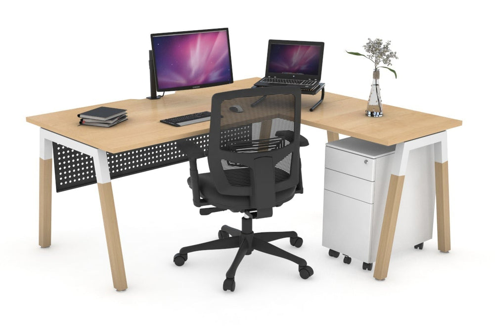 Quadro A Legs - L Shaped Corner Office Desk - Wood Legs Cross Beam [1600L x 1800W with Cable Scallop]-white leg maple black modesty