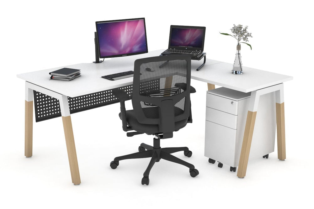 Quadro A Legs - L Shaped Corner Office Desk - Wood Legs Cross Beam [1600L x 1800W with Cable Scallop]-white leg white black modesty