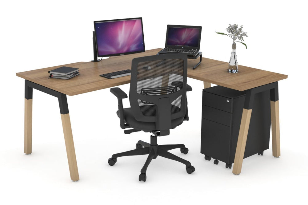 Quadro A Legs - L Shaped Corner Office Desk - Wood Legs Cross Beam [1600L x 1800W with Cable Scallop]-black leg dark oak white modesty