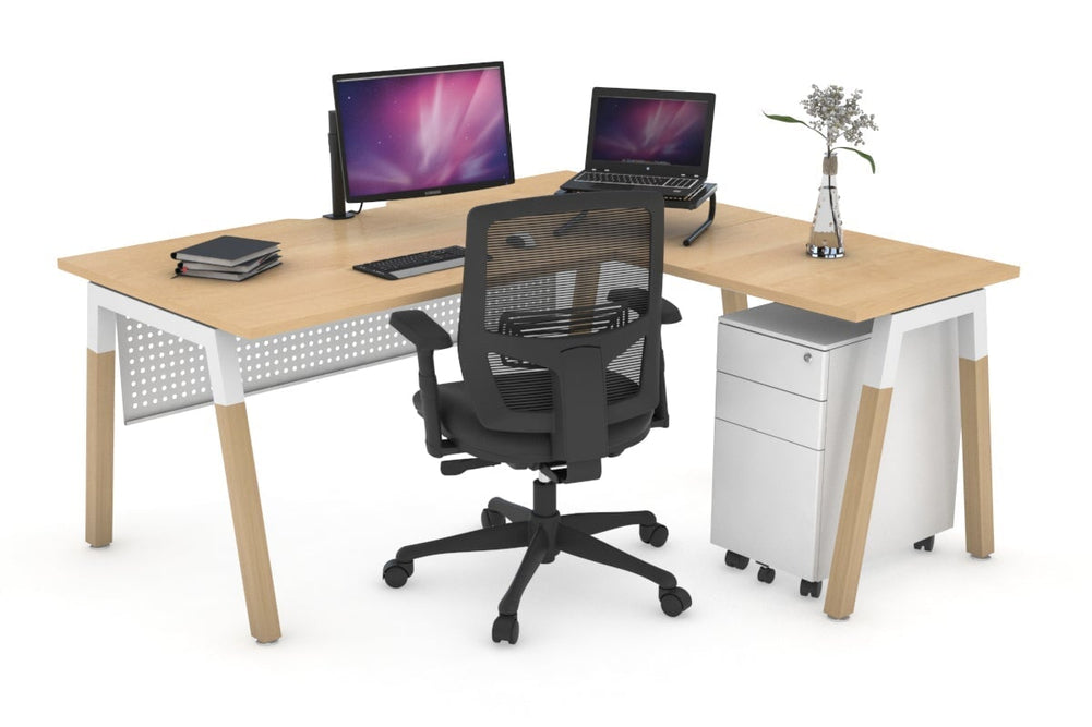 Quadro A Legs - L Shaped Corner Office Desk - Wood Legs Cross Beam [1600L x 1800W with Cable Scallop]-black leg dark oak white modesty