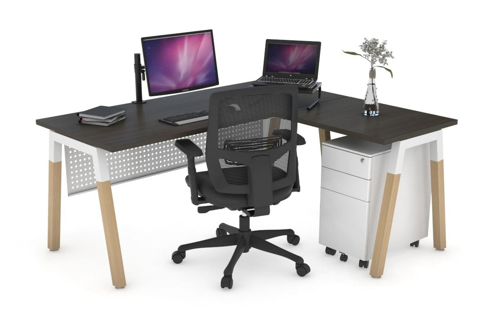 Quadro A Legs - L Shaped Corner Office Desk - Wood Legs Cross Beam [1800L x 1450W]-white leg dark oak white modesty
