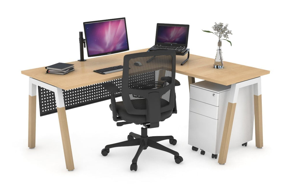 Quadro A Legs - L Shaped Corner Office Desk - Wood Legs Cross Beam [1800L x 1450W]-white leg maple black modesty