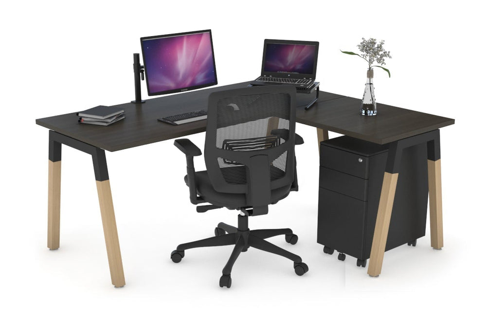 Quadro A Legs - L Shaped Corner Office Desk - Wood Legs Cross Beam [1800L x 1450W]-black leg dark oak none