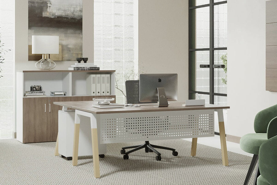 Environmental image of Quadro A Legs - L Shaped Corner Office Desk - Wood Legs Cross Beam [1800L x 1450W]