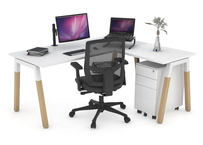 Quadro A Legs - L Shaped Corner Office Desk - Wood Legs Cross Beam [1800L x 1700W] Jasonl white leg white none