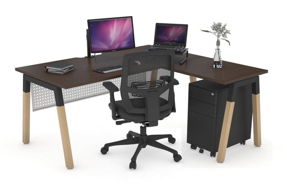 Quadro A Legs - L Shaped Corner Office Desk - Wood Legs Cross Beam [1800L x 1800W with Cable Scallop]-black leg dark oak white modesty