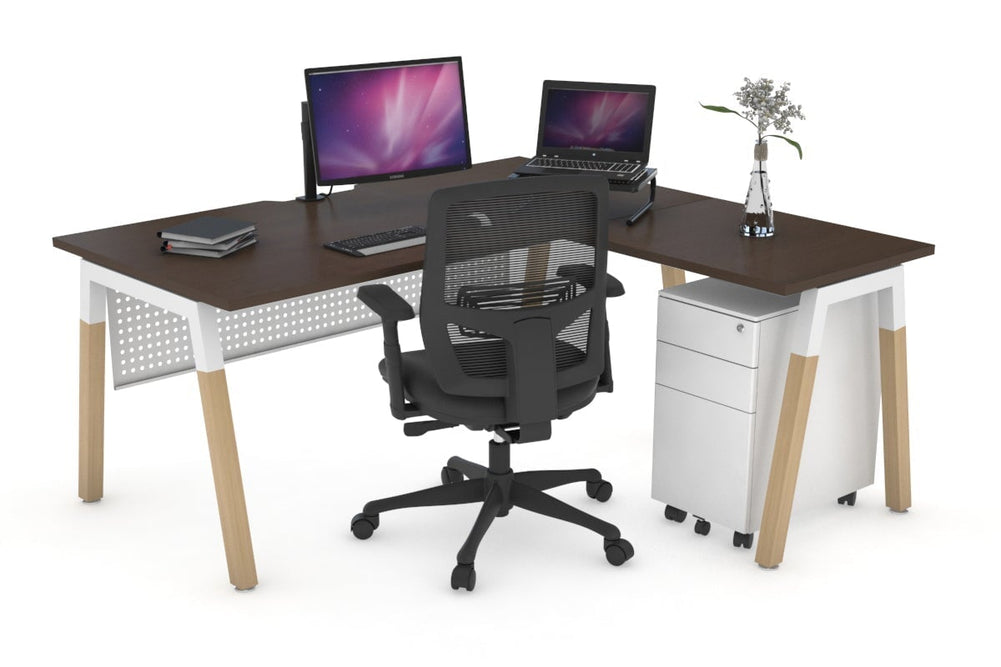 Quadro A Legs - L Shaped Corner Office Desk - Wood Legs Cross Beam [1800L x 1800W with Cable Scallop]-black leg dark oak white modesty