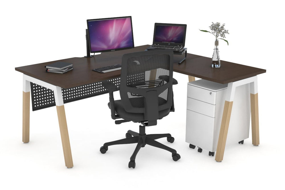 Quadro A Legs - L Shaped Corner Office Desk - Wood Legs Cross Beam [1800L x 1800W with Cable Scallop]-black leg dark oak white modesty