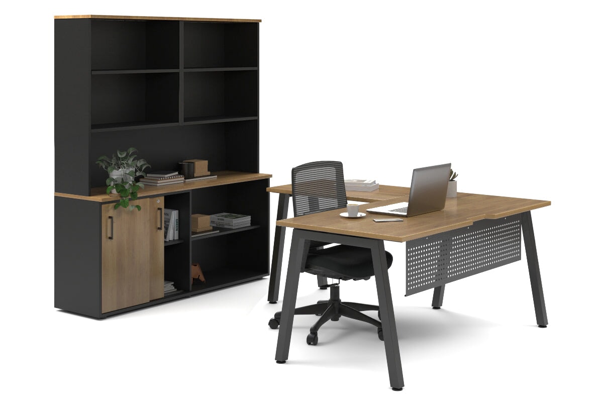 Quadro A Legs L-Shaped Executive Setting - Black Legs [1600L x 1700W] Jasonl salvage oak sliding 2 door + open bookcase open hutch