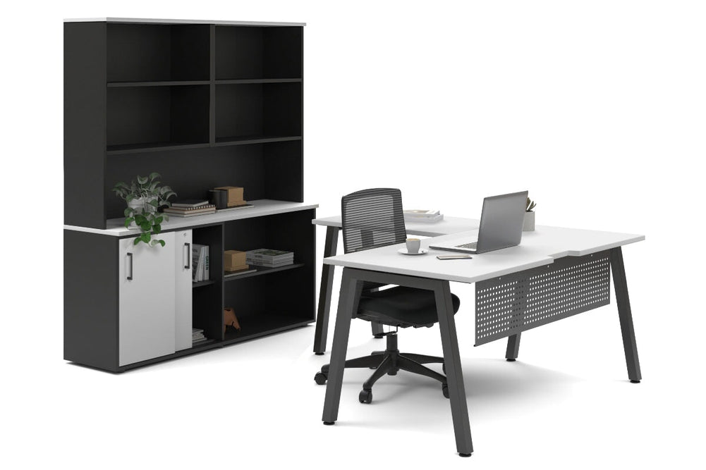 Quadro A Legs L-Shaped Executive Setting - Black Legs [1600L x 1700W]-white sliding 2 door + open bookcase open hutch