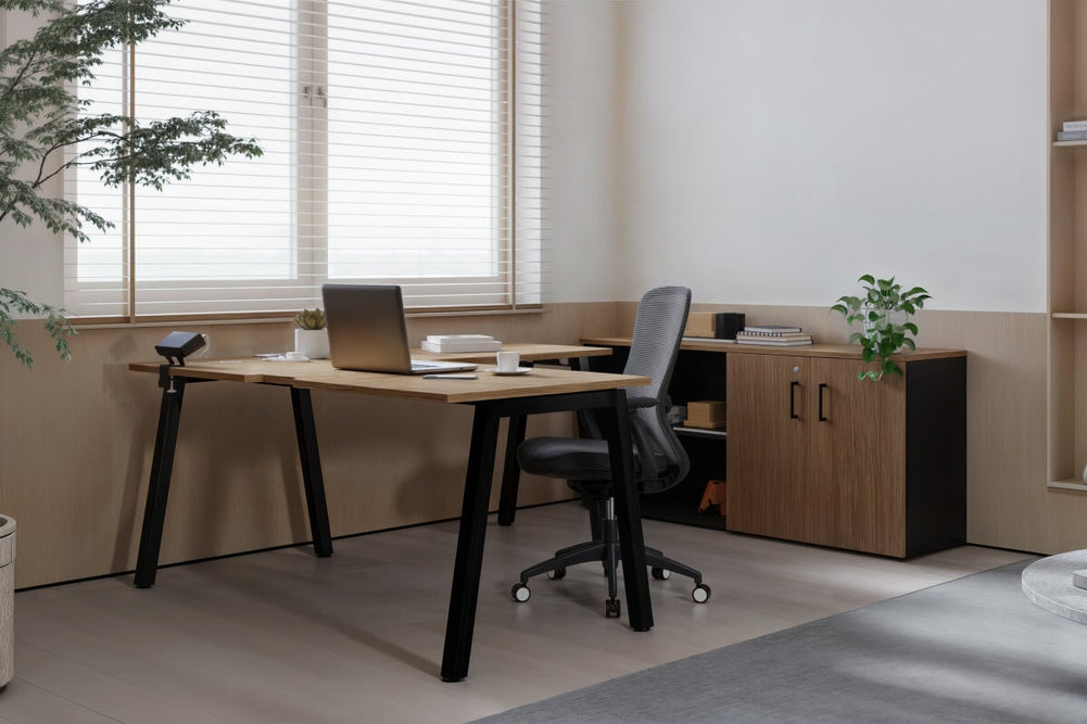 Quadro A Legs L-Shaped Executive Setting - Black Legs [1600L x 1700W]-dark oak sliding 2 door + open bookcase closed hutch