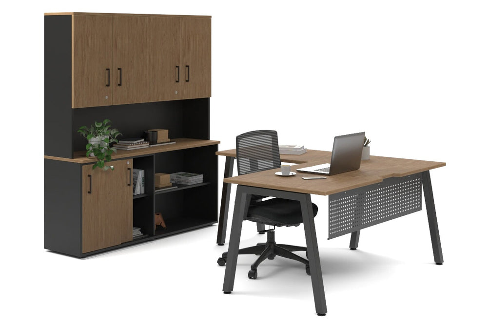 Quadro A Legs L-Shaped Executive Setting - Black Legs [1600L x 1700W]-salvage oak sliding 2 door + open bookcase closed hutch
