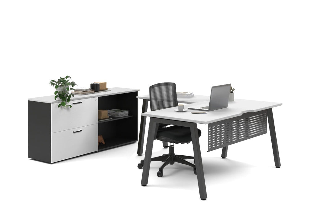 Quadro A Legs L-Shaped Executive Setting - Black Legs [1600L x 1700W]-white lateral 2 drawer + open bookcase none