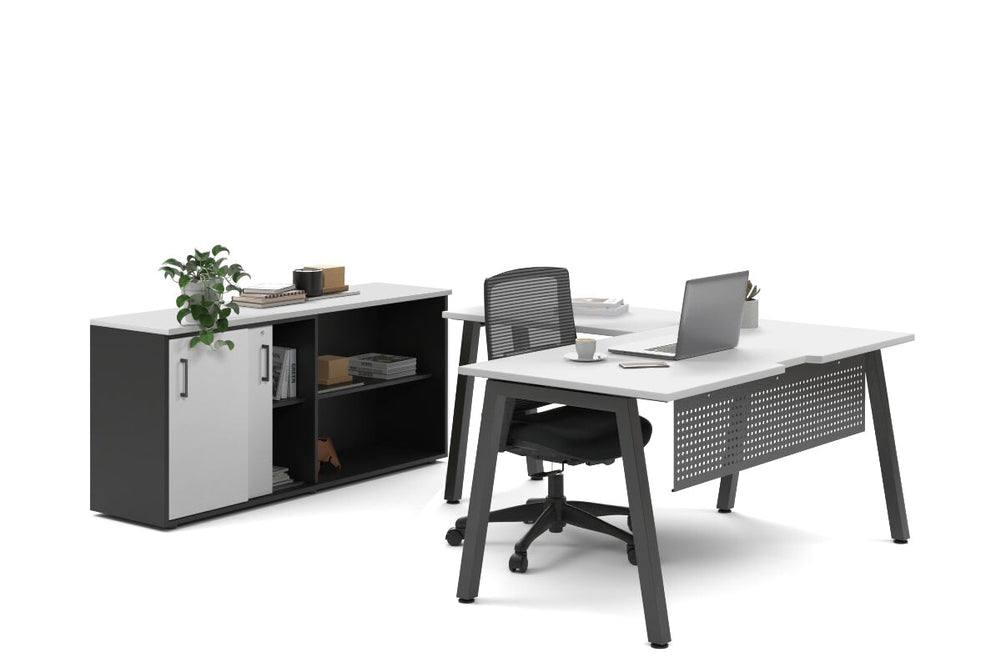 Quadro A Legs L-Shaped Executive Setting - Black Legs [1600L x 1700W]-white sliding 2 door + open bookcase none
