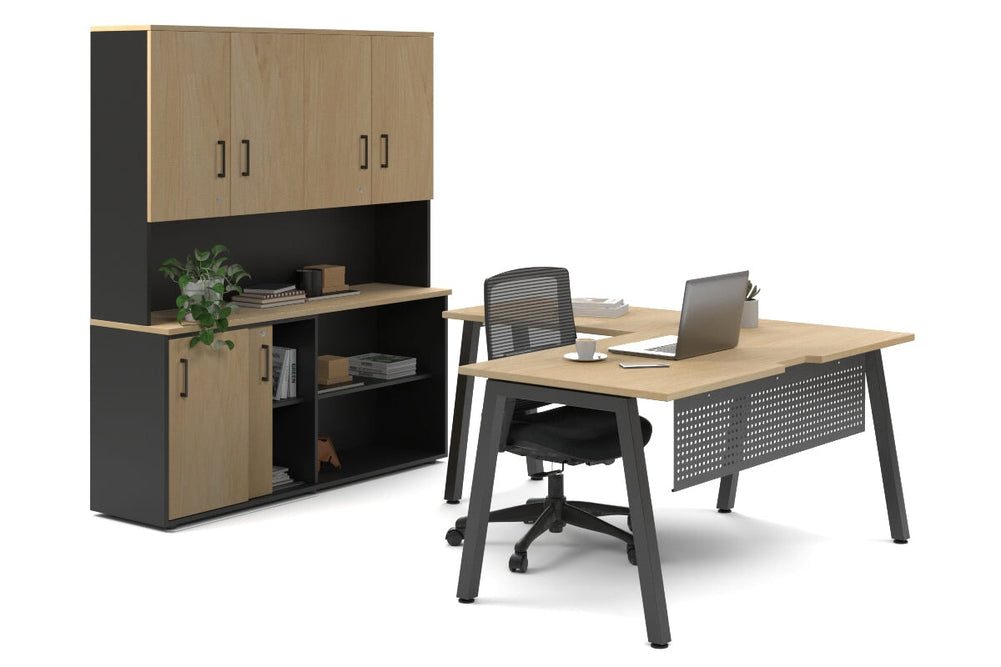 Quadro A Legs L-Shaped Executive Setting - Black Legs [1600L x 1700W]-maple sliding 2 door + open bookcase closed hutch
