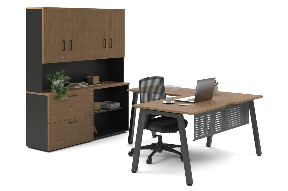 Quadro A Legs L-Shaped Executive Setting - Black Legs [1600L x 1700W]-salvage oak lateral 2 drawer + open bookcase closed hutch