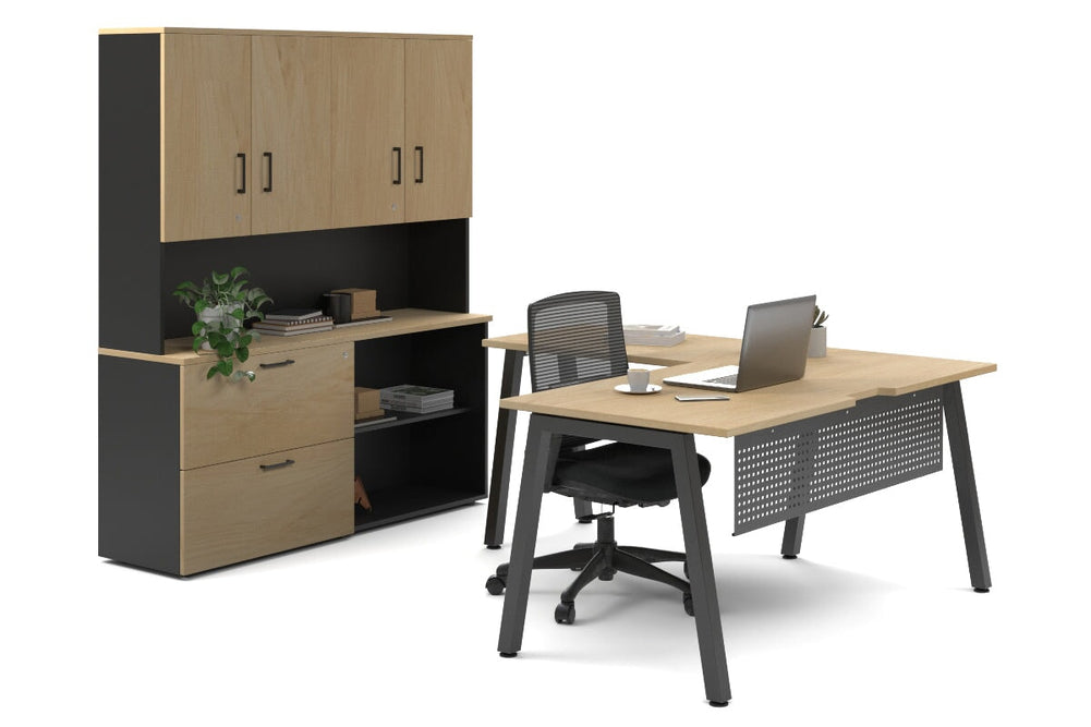 Quadro A Legs L-Shaped Executive Setting - Black Legs [1600L x 1700W]-maple lateral 2 drawer + open bookcase closed hutch