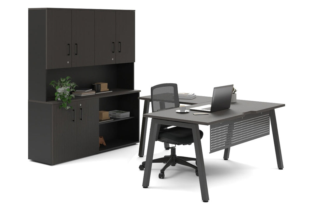 Quadro A Legs L-Shaped Executive Setting - Black Legs [1600L x 1700W]-dark oak uniform 2 door + open bookcase closed hutch