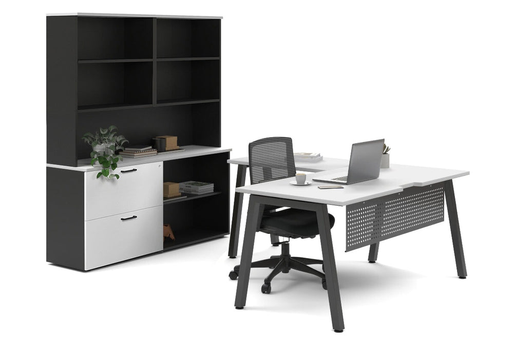 Quadro A Legs L-Shaped Executive Setting - Black Legs [1600L x 1700W]-white lateral 2 drawer + open bookcase open hutch