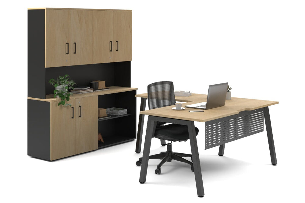 Quadro A Legs L-Shaped Executive Setting - Black Legs [1600L x 1700W]-maple uniform 2 door + open bookcase closed hutch