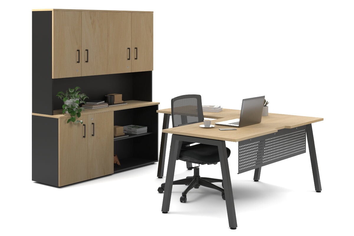 Quadro A Legs L-Shaped Executive Setting - Black Legs [1600L x 1700W]-maple uniform 2 door + open bookcase closed hutch