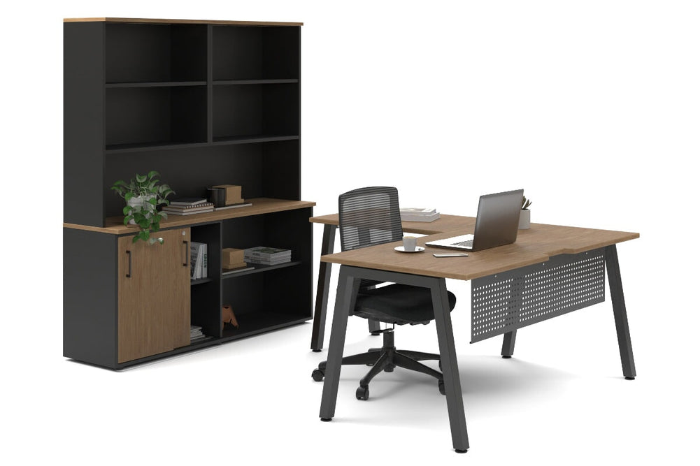 Quadro A Legs L-Shaped Executive Setting - Black Legs [1600L x 1700W]-salvage oak sliding 2 door + open bookcase open hutch