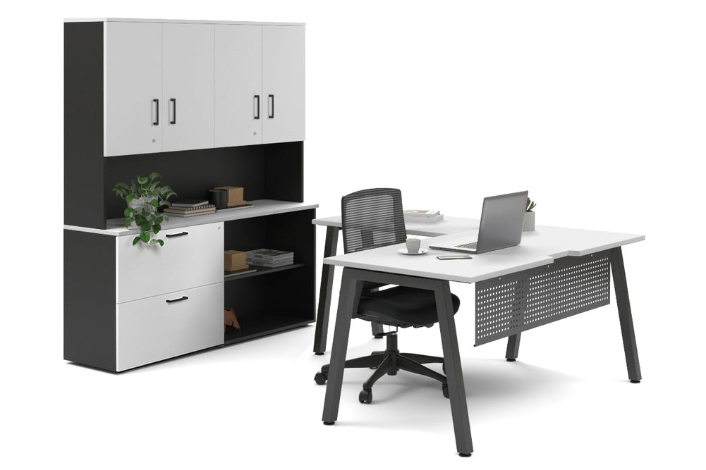 Quadro A Legs L-Shaped Executive Setting - Black Legs [1600L x 1700W]-white lateral 2 drawer + open bookcase closed hutch