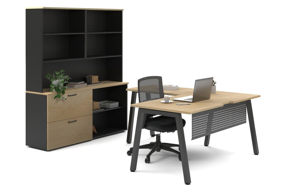 Quadro A Legs L-Shaped Executive Setting - Black Legs [1600L x 1700W]-maple lateral 2 drawer + open bookcase open hutch