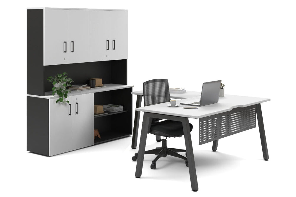 Quadro A Legs L-Shaped Executive Setting - Black Legs [1600L x 1700W]-white uniform 2 door + open bookcase closed hutch