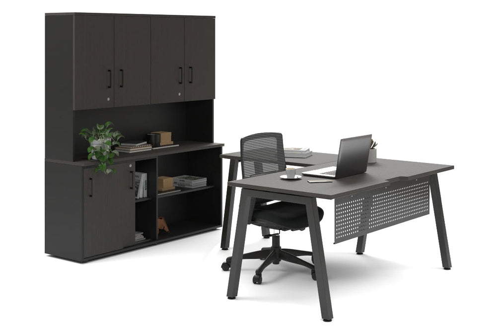 Quadro A Legs L-Shaped Executive Setting - Black Legs [1600L x 1700W]-dark oak sliding 2 door + open bookcase closed hutch