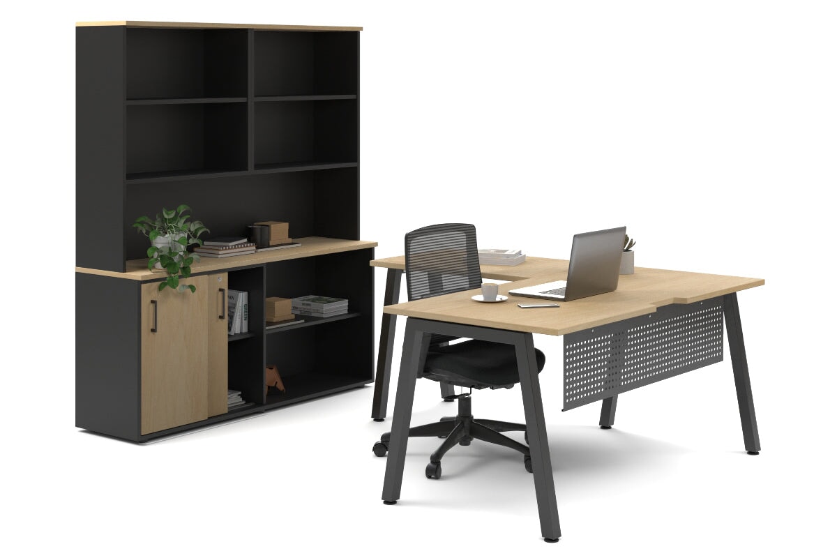 Quadro A Legs L-Shaped Executive Setting - Black Legs [1600L x 1700W]-maple sliding 2 door + open bookcase open hutch