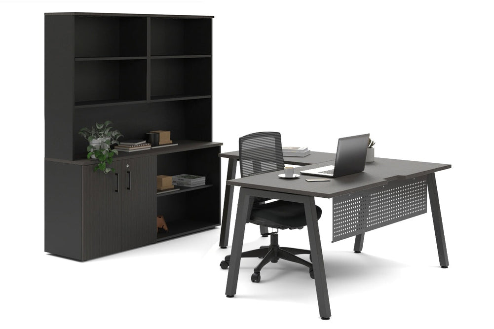 Quadro A Legs L-Shaped Executive Setting - Black Legs [1600L x 1700W]-dark oak uniform 2 door + open bookcase open hutch