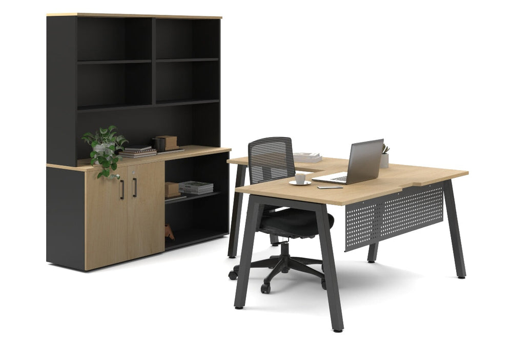 Quadro A Legs L-Shaped Executive Setting - Black Legs [1600L x 1700W]-maple uniform 2 door + open bookcase open hutch