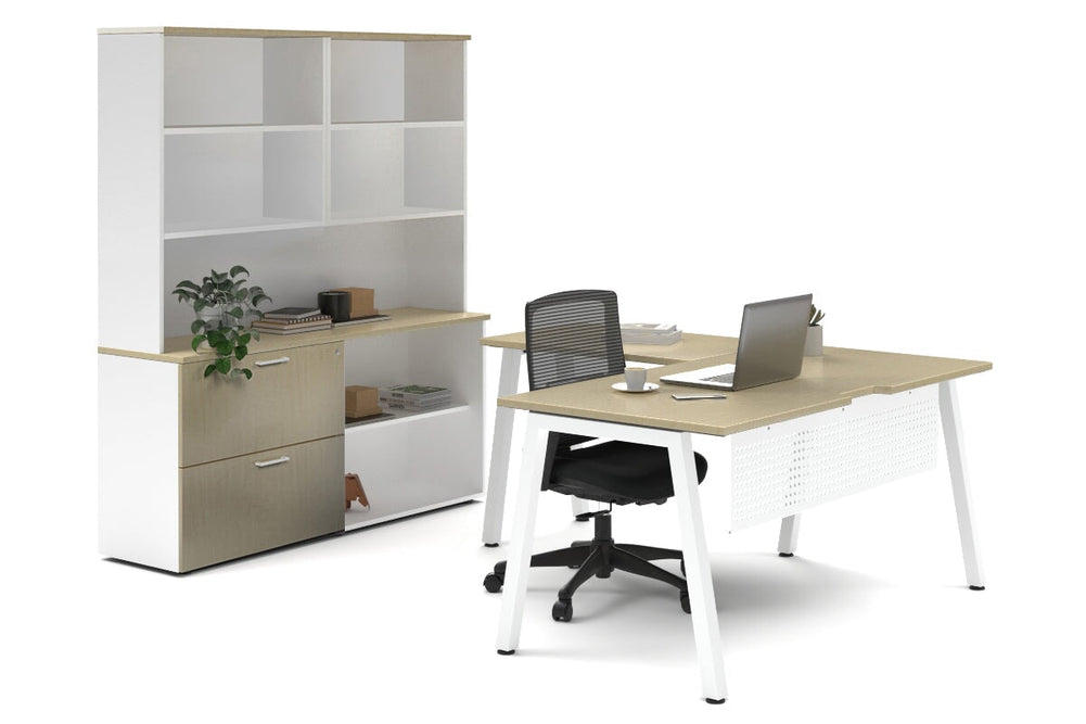 Quadro A Legs L-Shaped Executive Setting - White Legs [1600L x 1700W]-maple lateral 2 drawer + open bookcase open hutch