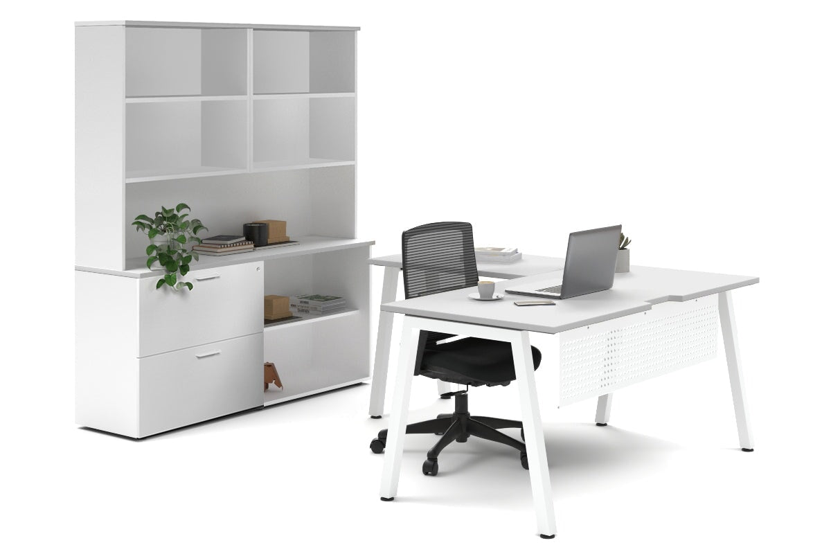Quadro A Legs L-Shaped Executive Setting - White Legs [1600L x 1700W]-white lateral 2 drawer + open bookcase open hutch