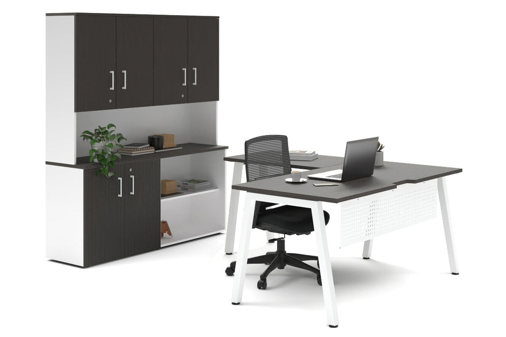 Quadro A Legs L-Shaped Executive Setting - White Legs [1600L x 1700W]-dark oak uniform 2 door + open bookcase closed hutch