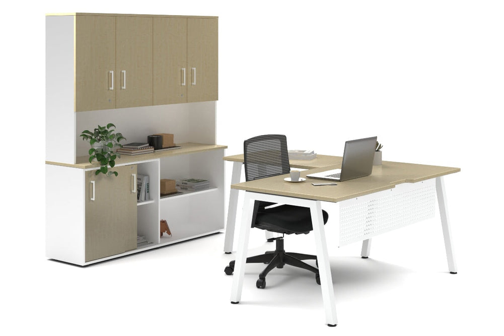 Quadro A Legs L-Shaped Executive Setting - White Legs [1600L x 1700W]-maple sliding 2 door + open bookcase closed hutch