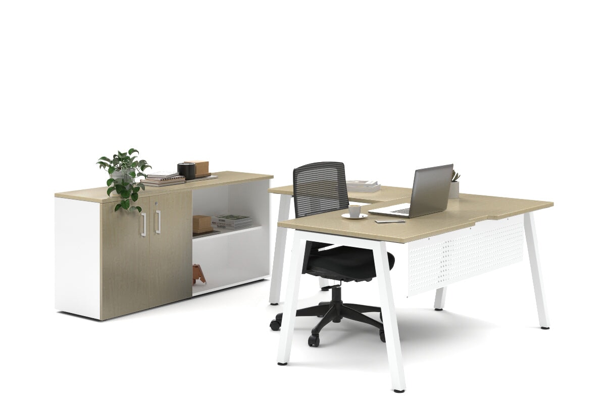 Quadro A Legs L-Shaped Executive Setting - White Legs [1600L x 1700W]-maple uniform 2 door + open bookcase none