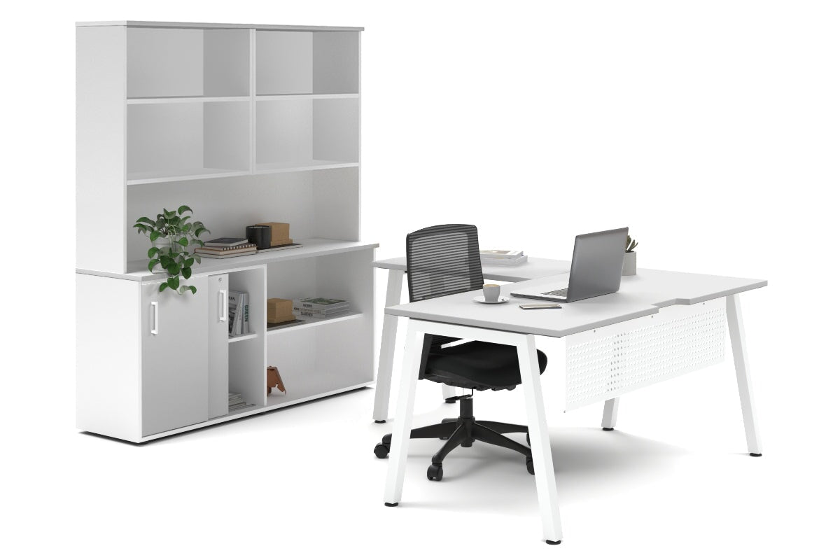 Quadro A Legs L-Shaped Executive Setting - White Legs [1600L x 1700W]-white sliding 2 door + open bookcase open hutch