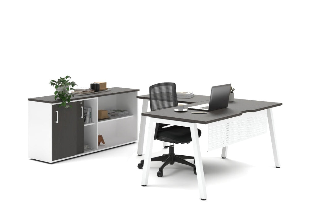 Quadro A Legs L-Shaped Executive Setting - White Legs [1600L x 1700W]-dark oak sliding 2 door + open bookcase none