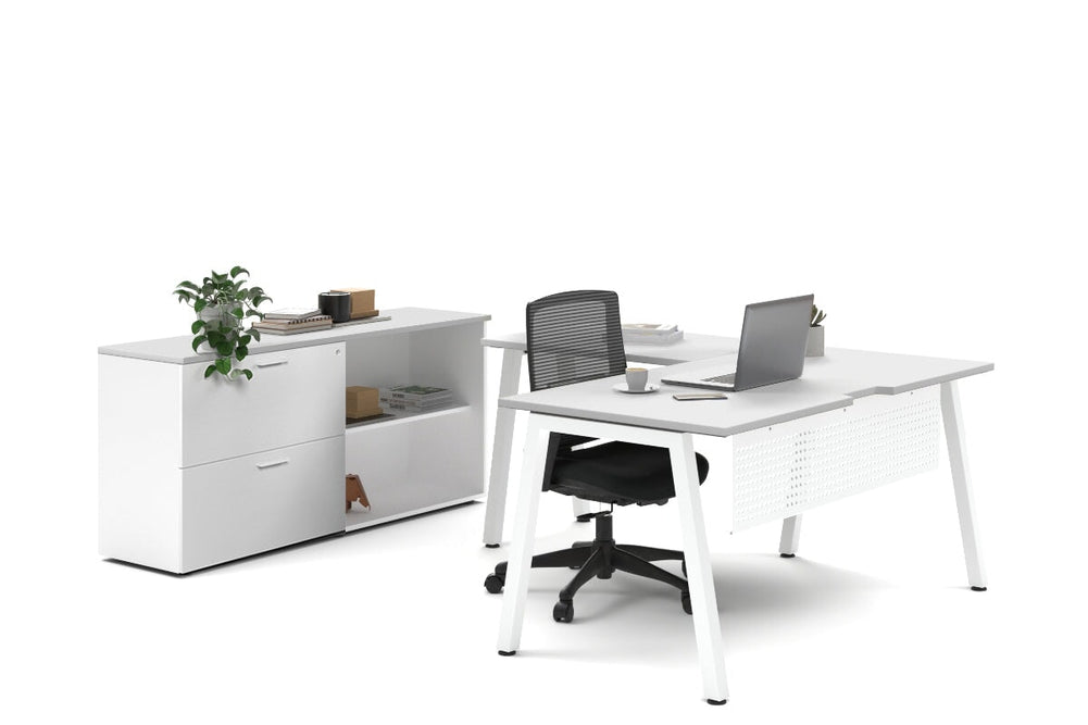 Quadro A Legs L-Shaped Executive Setting - White Legs [1600L x 1700W]-white lateral 2 drawer + open bookcase none