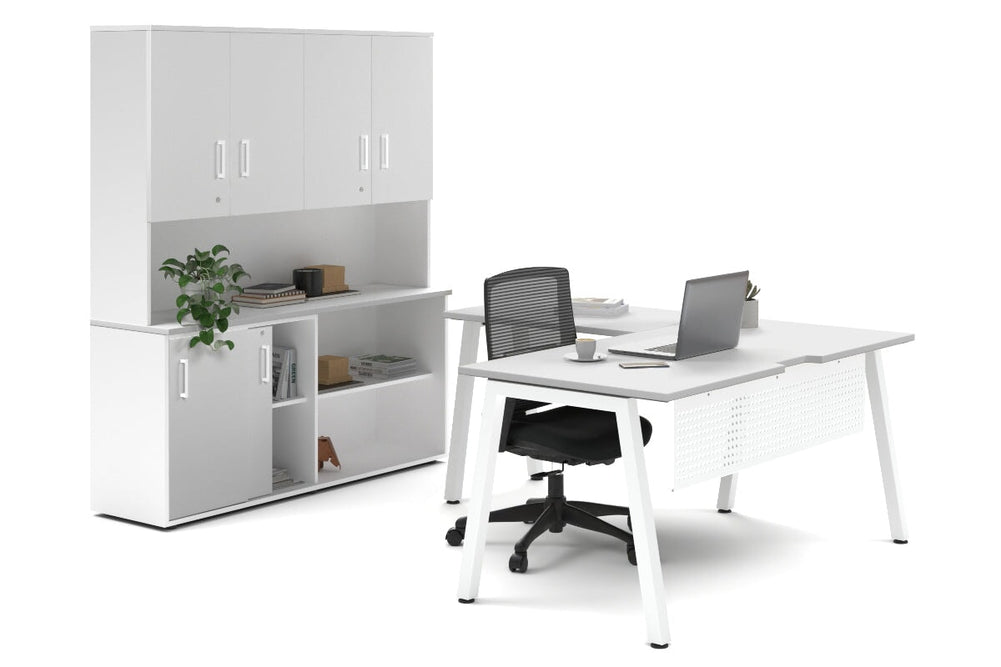 Quadro A Legs L-Shaped Executive Setting - White Legs [1600L x 1700W]-white sliding 2 door + open bookcase closed hutch