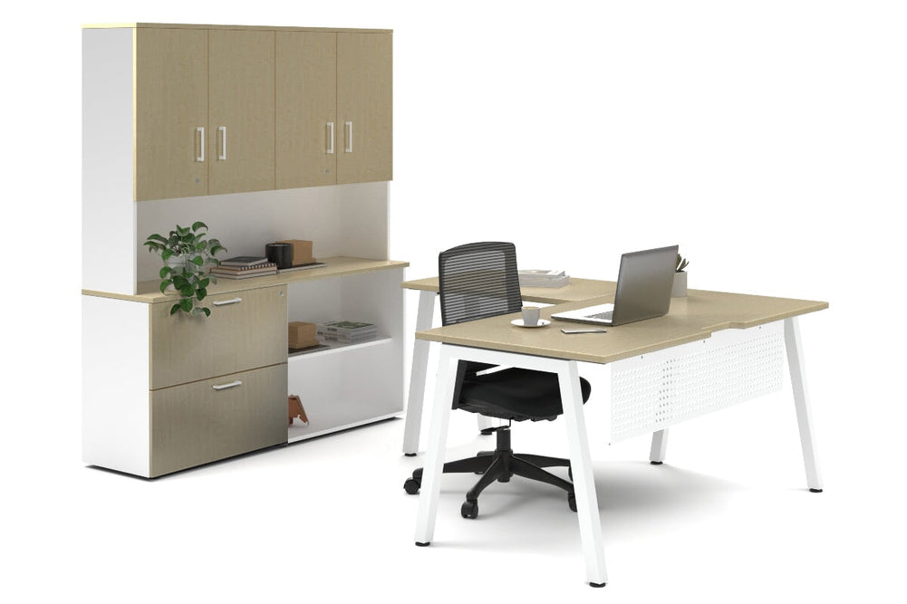 Quadro A Legs L-Shaped Executive Setting - White Legs [1600L x 1700W]-maple lateral 2 drawer + open bookcase closed hutch