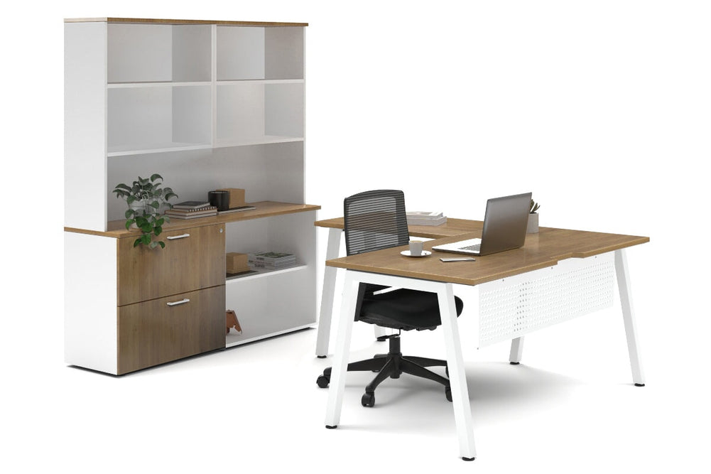 Quadro A Legs L-Shaped Executive Setting - White Legs [1600L x 1700W]-salvage oak lateral 2 drawer + open bookcase open hutch