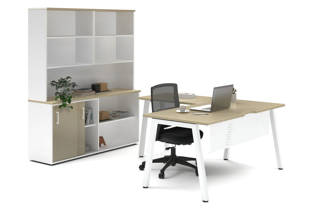 Quadro A Legs L-Shaped Executive Setting - White Legs [1600L x 1700W]-maple sliding 2 door + open bookcase open hutch
