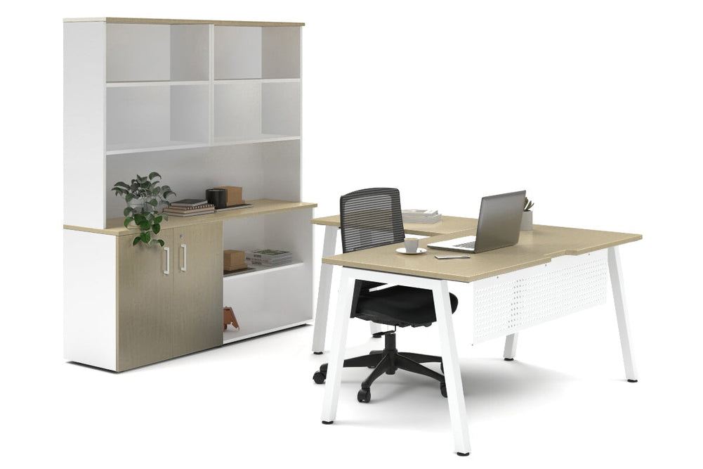 Quadro A Legs L-Shaped Executive Setting - White Legs [1600L x 1700W]-maple uniform 2 door + open bookcase open hutch