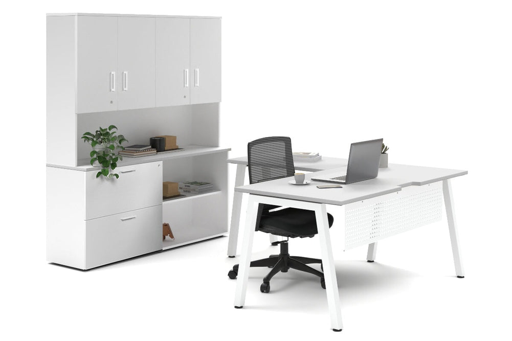 Quadro A Legs L-Shaped Executive Setting - White Legs [1600L x 1700W]-white lateral 2 drawer + open bookcase closed hutch