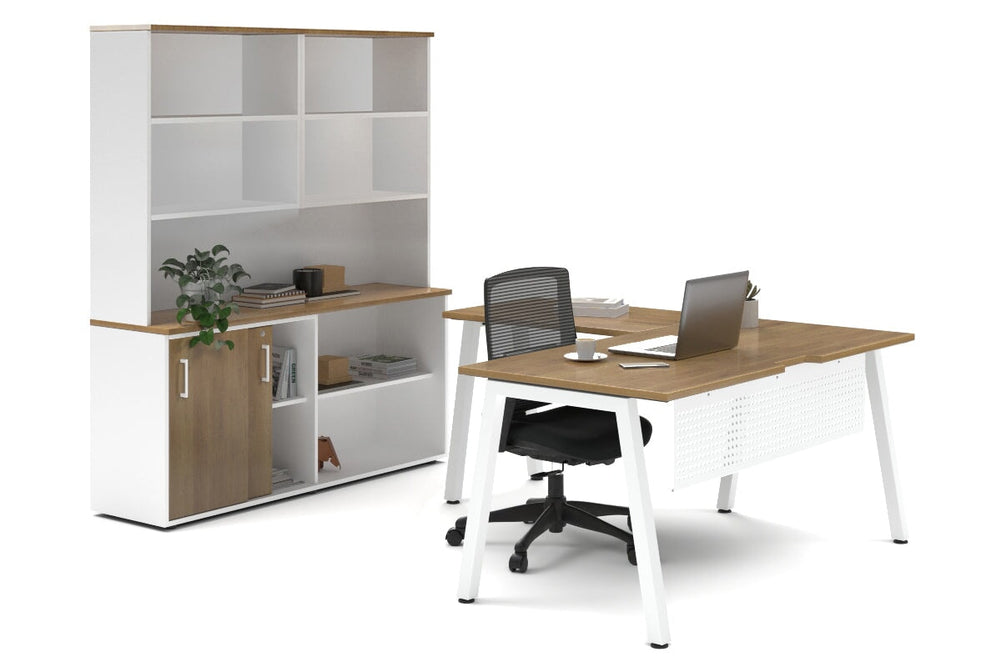 Quadro A Legs L-Shaped Executive Setting - White Legs [1600L x 1700W]-salvage oak sliding 2 door + open bookcase open hutch