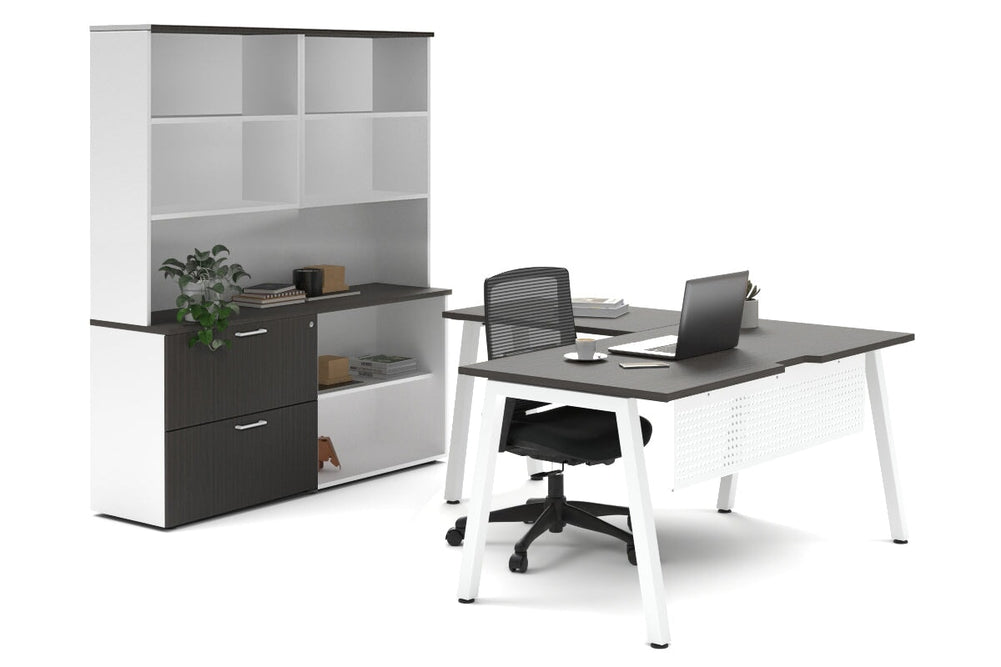Quadro A Legs L-Shaped Executive Setting - White Legs [1600L x 1700W]-dark oak lateral 2 drawer + open bookcase open hutch