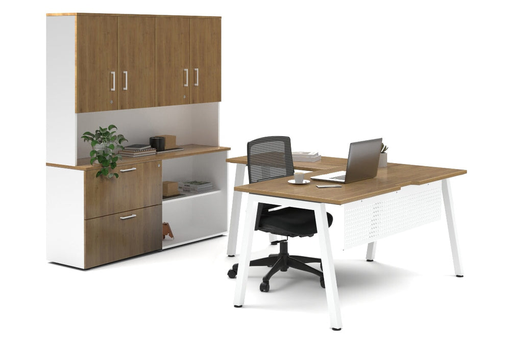 Quadro A Legs L-Shaped Executive Setting - White Legs [1600L x 1700W]-salvage oak lateral 2 drawer + open bookcase closed hutch